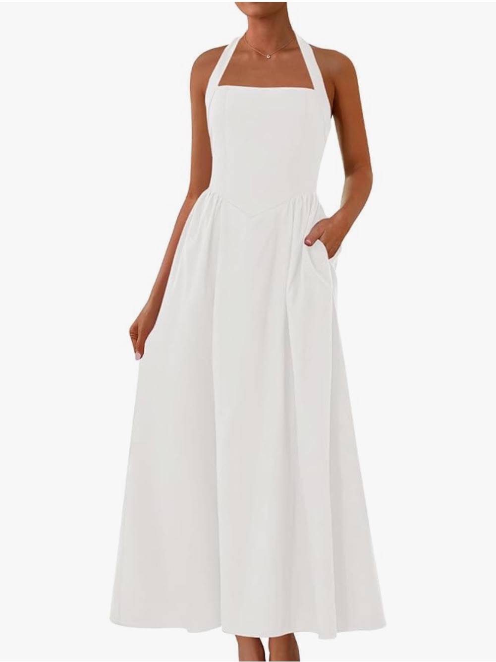 Women's Large White Halter Midi Dress With Square Neck